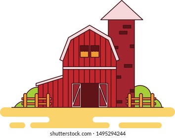 Flat vector outline style illustration of a farm wood barn