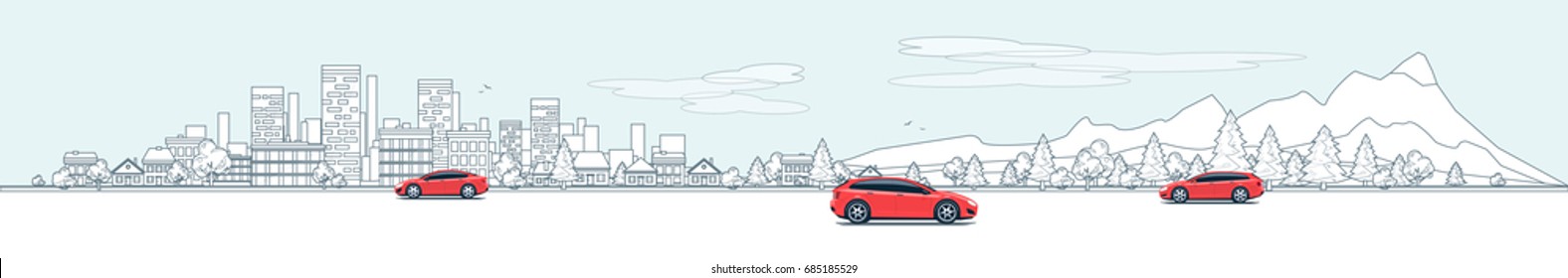 Flat vector outline style illustration of urban landscape street with cars, skyline city office buildings, family houses in small town and mountain in background. Traffic on the road. Wide panorama. 