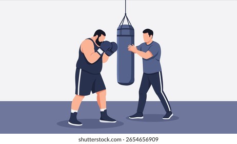vetor plano de gordura sobrepeso amadurecido boxer saco de perfuração e treinamento com treinador treinador treinador