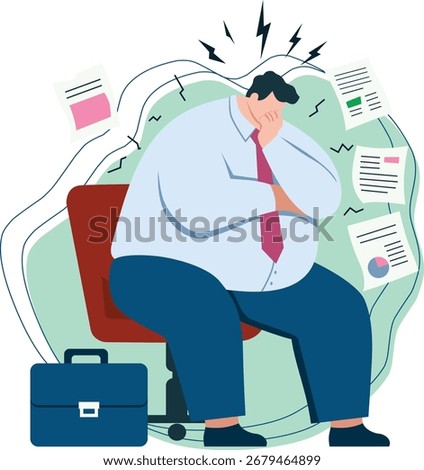 Flat vector of an overweight man sitting at work desk, surrounded by deadlines, paperwork and stress; illustrating work anxiety, burnout, job pressure, office overload