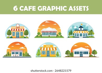 Um pacote de vetor plano de seis ilustrações encantadoras frente de loja de café com toldos, árvores e fachadas variadas. Perfeito para marca de restaurante, design de menu, promoções de hospitalidade e gráficos de interface do usuário.