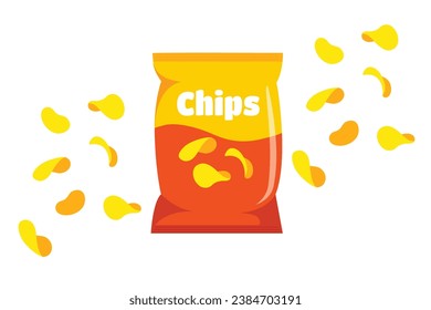 Flat vector packaging with red and yellow snack chips isolated on white background with flying snack chips. Goods for snacking on the go, vending.