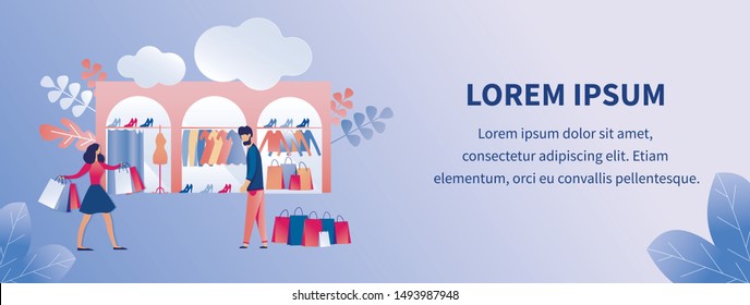 Flat Vector Page Design Template for Clothes, Shoes and Accessories Store. Young Woman and Man with Colored Paper Shopping Bags in Front Shop Window. Illustration with Copy Space for Your Text.