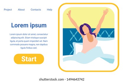 Flat Vector Page Design Template for Trendy Mattress Store. Illustration with Copy Space for Your Text. Undressed Young Brunette, Starting Her Day, Stretching Herself in Bed Early in Morning.