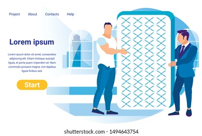 Flat Vector Page Design Template for Mattress Store. Copy Space for Your Text. Teleshopping Home Channel. Two Men, Presenter and Customer, Demonstrating Orthopedic Mattress with Massage Cover.