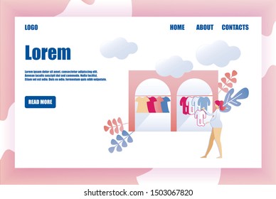 Flat Vector Page Design Template for Childrens Shop in Soft Pink and Blue Tones. Young Expectant Mother near Her Time, Dropped in Childrens Shop to Pick Layette for Her Newborn Child, Arriving Soon.