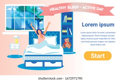 Flat Vector Page Design Template for Online Bed and Bedding Store. Illustration with Copy Space for Your Text. Undressed Young Brunette, Starting Her Day, Stretching Herself in Bed Early in Morning.