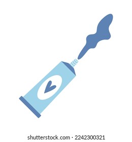 Flat vector painting tools in childish style. Hand drawn art supplies, opened tube with acrylic or oil paint. Clipart elements isolated on white background