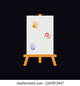 Flat vector painting tools in childish style. Hand drawn art supplies, easel with canvas. Clipart elements isolated on white background