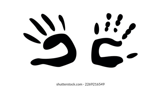 Flat vector painting tools in childish style. Hand drawn palm print, finger silhouette. Clipart elements isolated on white background