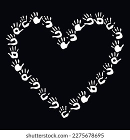 Flat vector painting tools in childish style. Hand drawn heart shaped frame of palm prints. Clipart elements isolated on white background