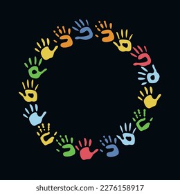 Flat vector painting tools in childish style. Hand drawn round frame of palm prints. Clipart elements isolated on white background