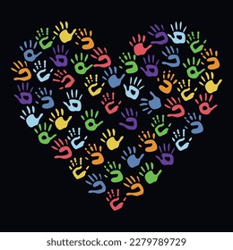 Flat vector painting tools in childish style. Hand drawn heart shaped frame of palm prints. Clipart elements isolated on white background