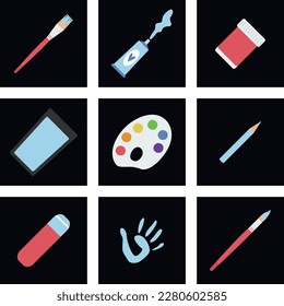 Flat vector painting tools in childish style. Hand drawn art supplies, brush, paint, palm, palette, rubber, easel stickers. Clipart elements isolated on white background