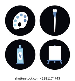 Flat vector painting tools in childish style. Hand drawn art supplies, brush, paint, palm, palette, rubber, easel stickers. Clipart elements isolated on white background