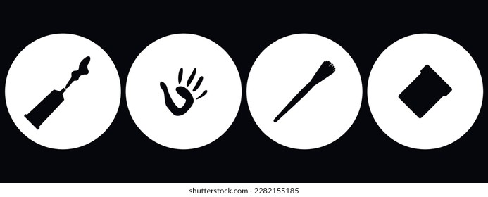 Flat vector painting tools in childish style. Hand drawn art supplies, brush, paint, palm, palette, rubber, easel stickers. Clipart elements isolated on white background