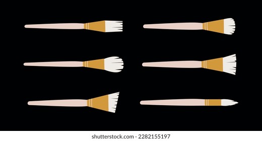 Flat vector painting tools in childish style. Hand drawn art supplies, paint brushes for acrylic, gouache. Clipart elements isolated on white background