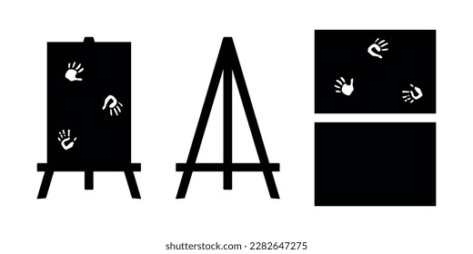 Flat vector painting tools in childish style. Hand drawn art supplies, easel with canvas. Clipart elements isolated on white background