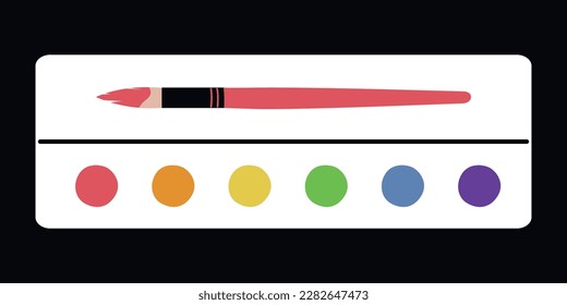 Flat vector painting tools in childish style. Hand drawn art supplies, plastic rainbow palette with brush paint in case. Clipart elements isolated on white background