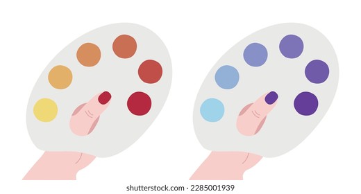 Flat vector painting tools in childish style. Hand drawn art supplies, hand halding rainbow palette with paint. Clipart elements isolated on white background