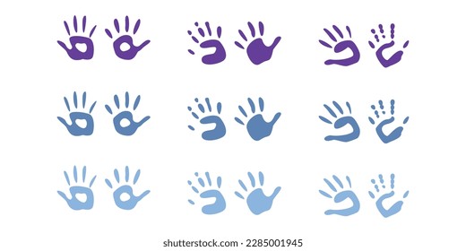 Flat vector painting tools in childish style. Hand drawn palm print, finger silhouette. Clipart elements isolated on white background