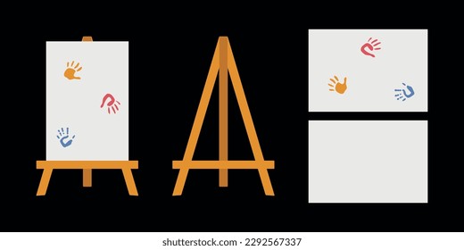 Flat vector painting tools in childish style. Hand drawn art supplies, easel with canvas. Clipart elements isolated on white background