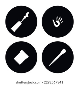 Flat vector painting tools in childish style. Hand drawn art supplies, brush, paint, palm, palette, rubber, easel stickers. Clipart elements isolated on white background