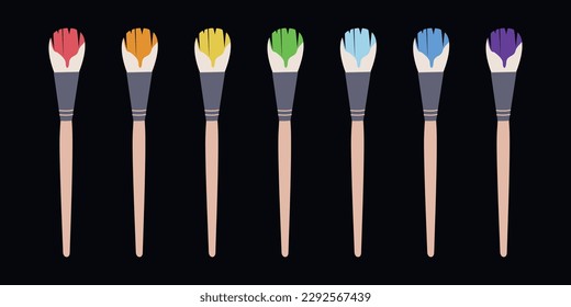 Flat vector painting tools in childish style. Hand drawn art supplies, brushes with multicolored paint. Clipart elements isolated on white background