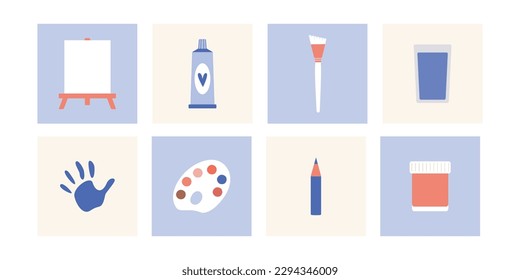 Flat vector painting tools in childish style. Hand drawn art supplies, brush, paint, palm, palette, rubber, easel stickers. Clipart elements isolated on white background