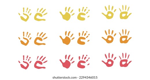 Flat vector painting tools in childish style. Hand drawn palm print, finger silhouette. Clipart elements isolated on white background