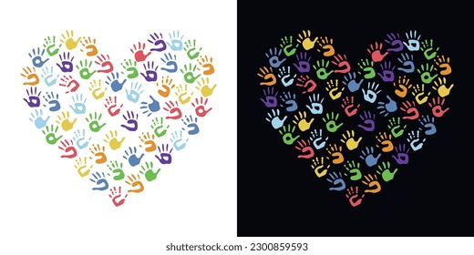 Flat vector painting tools in childish style. Hand drawn heart shaped frame of palm prints. Clipart elements isolated on white background