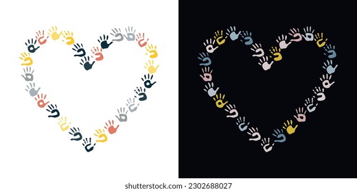 Herramientas planas de pintura vectorial al estilo infantil. Fotograma de palmas con forma de corazón dibujado a mano. Elementos del componente aislados en fondo blanco