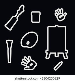 Flat vector painting tools in childish style. Hand drawn art supplies, brush, paint, palm, palette, rubber, easel stickers. Clipart elements isolated on white background