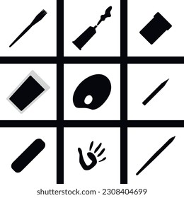 Flat vector painting tools in childish style. Hand drawn art supplies, brush, paint, palm, palette, rubber, easel stickers. Clipart elements isolated on white background