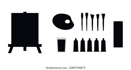 Flat vector painting tools in childish style. Hand drawn art supplies, paint brush, palm, gouache, acrylic, easel, palette. Clipart elements isolated on white background