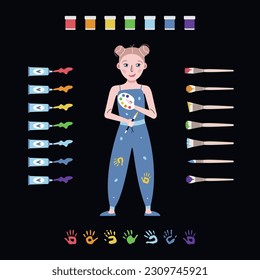 Flat vector painting tools in childish style. Hand drawn art supplies, paint brush, palm, kid with palette. Clipart elements isolated on white background