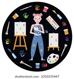Flat vector painting tools in childish style. Hand drawn round shaped art supplies. Clipart elements isolated on white background