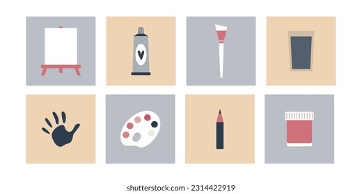 Flat vector painting tools in childish style. Hand drawn art supplies, brush, paint, palm, palette, rubber, easel stickers. Clipart elements isolated on white background