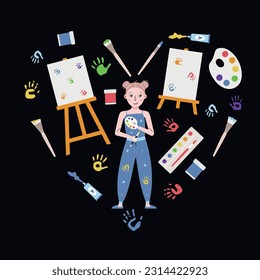 Herramientas planas de pintura vectorial al estilo infantil. Artículos de arte en forma de corazón dibujados a mano. Elementos del componente aislados en fondo blanco