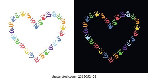 Herramientas planas de pintura vectorial al estilo infantil. Fotograma de palmas con forma de corazón dibujado a mano. Elementos del componente aislados en fondo blanco