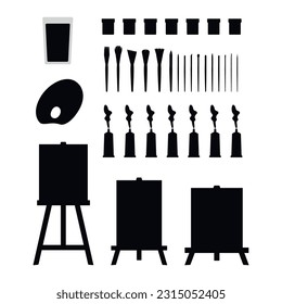 Flat vector painting tools in childish style. Hand drawn art supplies. Clipart elements isolated on white background