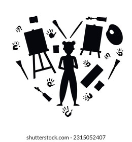 Flat vector painting tools in childish style. Hand drawn heart shaped art supplies. Clipart elements isolated on white background