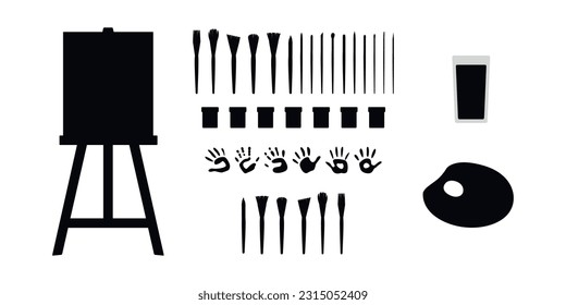Flat vector painting tools in childish style. Hand drawn art supplies, paint brush, palm, gouache, acrylic, easel, palette. Clipart elements isolated on white background