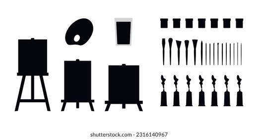 Flat vector painting tools in childish style. Hand drawn art supplies, paint brush, palm, gouache, acrylic, easel, palette. Clipart elements isolated on white background