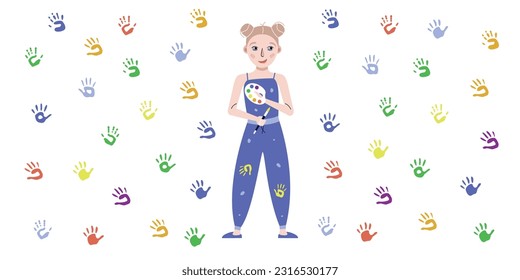 Flat vector painting tools in childish style. Hand drawn palm prints, fingers stamp. Clipart elements isolated on white background