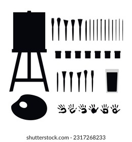 Flat vector painting tools in childish style. Hand drawn art supplies, paint brush, palm, gouache, acrylic, easel, palette. Clipart elements isolated on white background