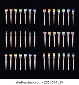 Flat vector painting tools in childish style. Hand drawn art supplies, rainbow paint brushes set. Clipart elements isolated on white background