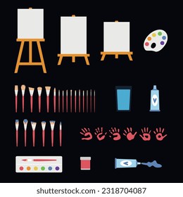 Flat vector painting tools in childish style. Hand drawn art supplies, paint brush, palm, gouache, acrylic, easel, palette. Clipart elements isolated on white background