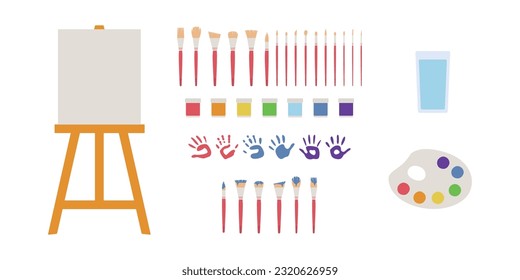 Flat vector painting tools in childish style. Hand drawn art supplies, paint brush, palm, gouache, acrylic, easel, palette. Clipart elements isolated on white background