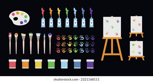 Flat vector painting tools in childish style. Hand drawn art supplies, paint brush, palm, gouache, acrylic, easel, palette. Clipart elements isolated on white background